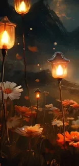 Enchanted field with glowing lanterns among vibrant flowers at dusk.