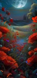 Moonlit night with red flowers and colorful butterflies in a mystical setting.