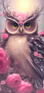 Whimsical owl decorated with flowers in a mystical setting.