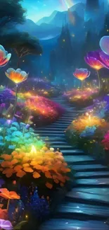 Enchanting pathway lined with vibrant flowers and magical lights.
