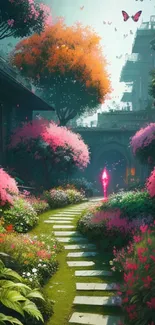 Mystical garden path with vibrant flowers and fluttering butterflies.