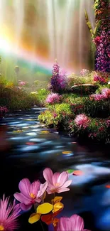 Enchanted floral stream with colorful blooms and serene water flow.