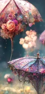 Whimsical floral umbrellas float in an enchanting blue fantasy setting.