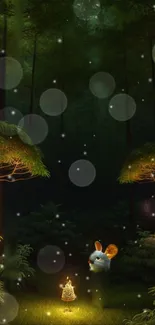 Magical forest with glowing lights and a whimsical creature exploring.