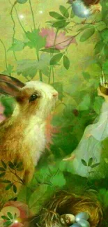 Fairy-tale forest wallpaper with rabbit, bird, and fairy in vibrant greenery.