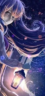 Anime character in a starry forest holding a lantern, creating a mystical scene.