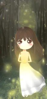 Anime girl in glowing enchanted forest wallpaper.