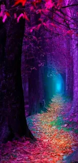 Magical forest path with purple and pink hues at dusk.