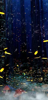 Enchanted forest night scene with glowing fireflies.