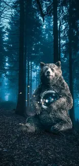 Bear with an orb in an enchanted forest at night.