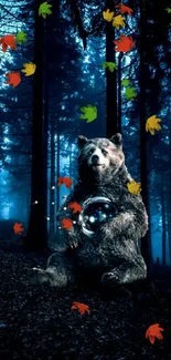 Mystical bear holding orb in dark enchanted forest.