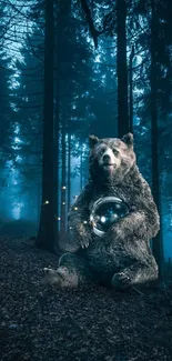 Bear with glowing orb in a mystical forest under moonlight.