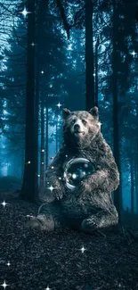 Bear holding a glowing sphere in a mystical forest setting, surrounded by tall trees.