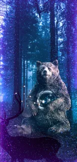 Enchanted forest wallpaper with bear and orb.