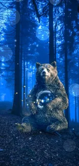 Bear with glowing orb in a mystical nighttime forest.