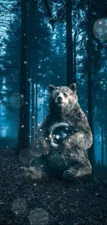 Magical bear in dark blue forest holding a glowing orb amidst mystical lights.