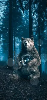 Enchanted bear holding orb in a mystical forest setting with glowing lights.