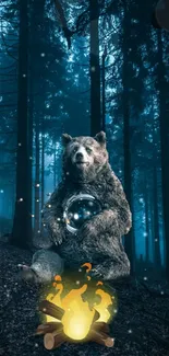 Mystical bear holds orb in an enchanted forest by a glowing campfire.