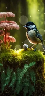 A small bird on a mossy rock surrounded by ferns in an enchanted forest.