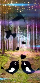 Enchanted forest wallpaper with birds and glowing stars.