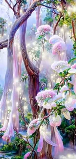 Dreamy enchanted forest with glowing flowers and mystical trees.