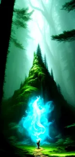 Enchanting forest wallpaper with blue flame and lush green trees.