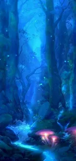 Enchanted forest with glowing blue trees and mushrooms