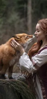 Woman embraces fox in lush woodland setting, capturing a magical moment.