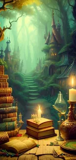 Enchanted forest with books, castle, and candles.