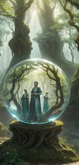 Enchanting forest scene with mystical figures in a bubble, set in lush greenery.