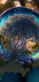 An enchanted forest inside a magical bubble with vibrant colors.