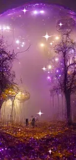 Enchanted forest inside a glowing purple bubble with mystical light.