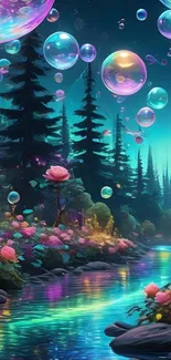 Colorful bubbles in an enchanted forest scene