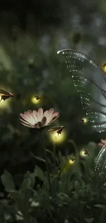 Enchanted butterfly with fireflies and flowers in a forest setting.