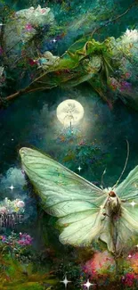 Enchanting butterfly in a mystical forest under moonlight, vibrant fantasy art.