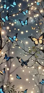 Vibrant blue butterflies in an enchanted, illuminated forest setting.