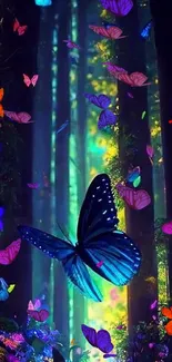 Enchanted forest with blue butterfly and vibrant colors.