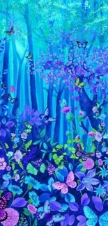 Whimsical forest wallpaper with colorful butterflies and lush blue landscapes.