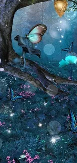 Enchanted forest with blue butterflies and glowing elements.