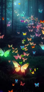 Vibrant butterflies glowing in a dark, magical forest.