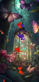 Magical forest scene with glowing butterflies around a lantern.