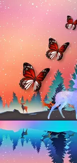 Colorful forest with butterflies and deer.