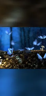 Blue butterflies in a magical forest with glowing mushrooms on a mobile wallpaper.