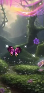 Enchanted forest with butterflies and glowing sparkles on screen.