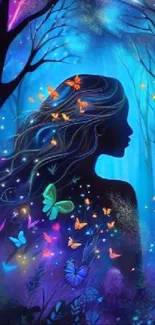 Silhouette of woman surrounded by butterflies in a magical blue forest.