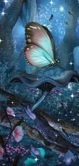 Enchanted butterfly on mushroom in a mystical forest scene.