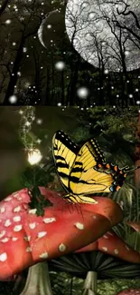 Butterfly on glowing mushrooms in a moonlit forest.