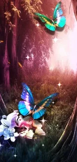 Enchanted forest wallpaper with butterflies.