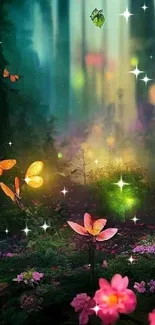 Enchanted forest wallpaper with glowing butterflies and flowers.