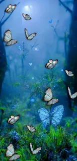 Butterflies in a mystical blue forest wallpaper scene.